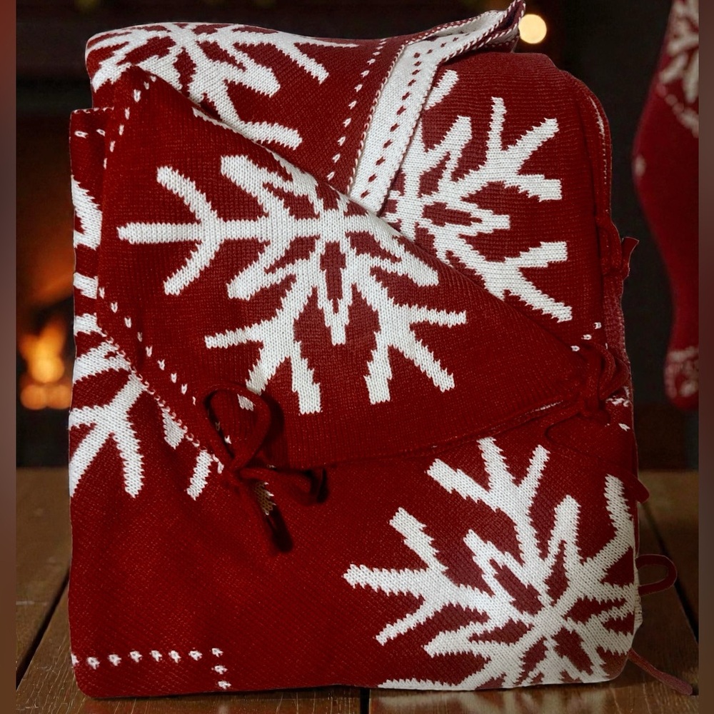 84” Knit Christmas Tree Skirt Red and White Snowflake Reverses to White w/ Red